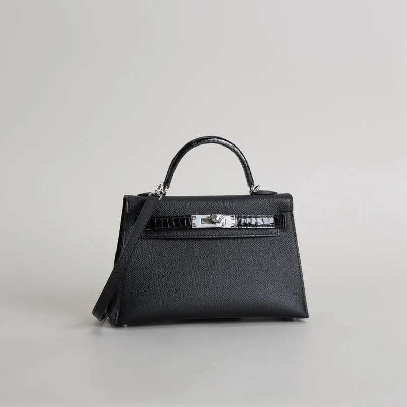 MINI KELLY II (20) TOUCH SHINY MISSISSIPPIENSIS ALLIGATOR LEATHER & EPSOM LEATHER NOIR (BLACK) WITH PALLADIUM HARDWARE (PHW) - 2