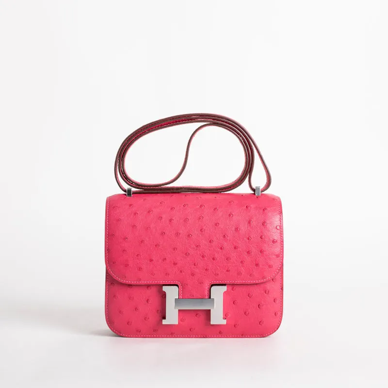 CONSTANCE 18 (MINI) OSTRICH LEATHER ROSE TYRIEN WITH PALLADIUM HARDWARE (PHW) - 1