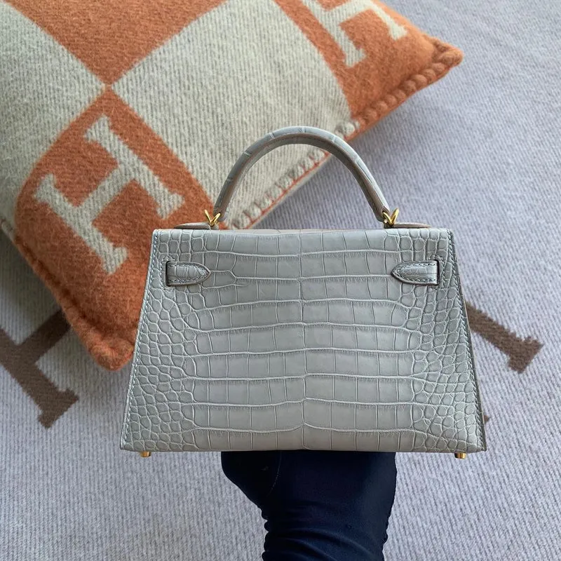 MINI KELLY II (20) MATTE MISSISSIPPIENSIS ALLIGATOR LEATHER GRIS PERLE WITH GOLD HARDWARE (GHW) - 2