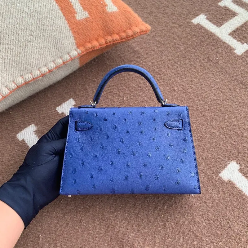 MINI KELLY II (20) OSTRICH LEATHER BLEU ZELLIGE WITH PALLADIUM HARDWARE (PHW) - 2