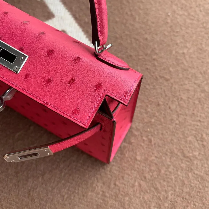 MINI KELLY II (20) OSTRICH LEATHER ROSE EXTREME WITH PALLADIUM HARDWARE (PHW) - 4