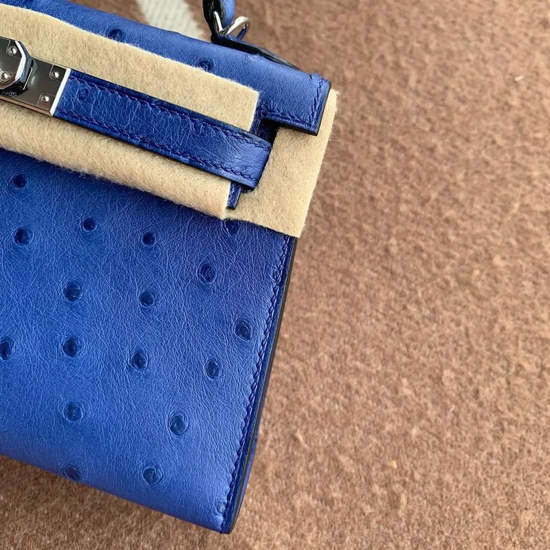 MINI KELLY II (20) OSTRICH LEATHER BLEU ZELLIGE WITH PALLADIUM HARDWARE (PHW) - 3