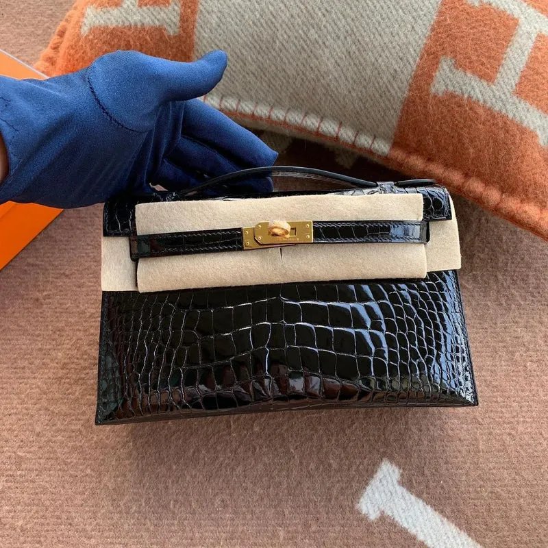 KELLY POCHETTE SHINY MISSISSIPPIENSIS ALLIGATOR NOIR (BLACK) WITH GOLD HARDWARE (GHW) - 2