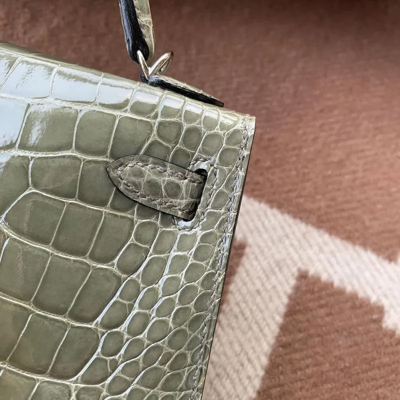 MINI KELLY II (20) SHINY MISSISSIPPIENSIS ALLIGATOR LEATHER GRIS TOURTERELLE WITH PALLADIUM HARDWARE - 4