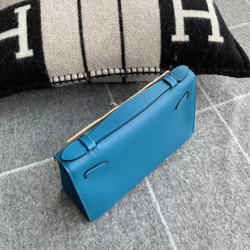 KELLY POCHETTE SWIFT LEATHER BLEU IZMIR WITH PALLADIUM HARDWARE (PHW) - 2