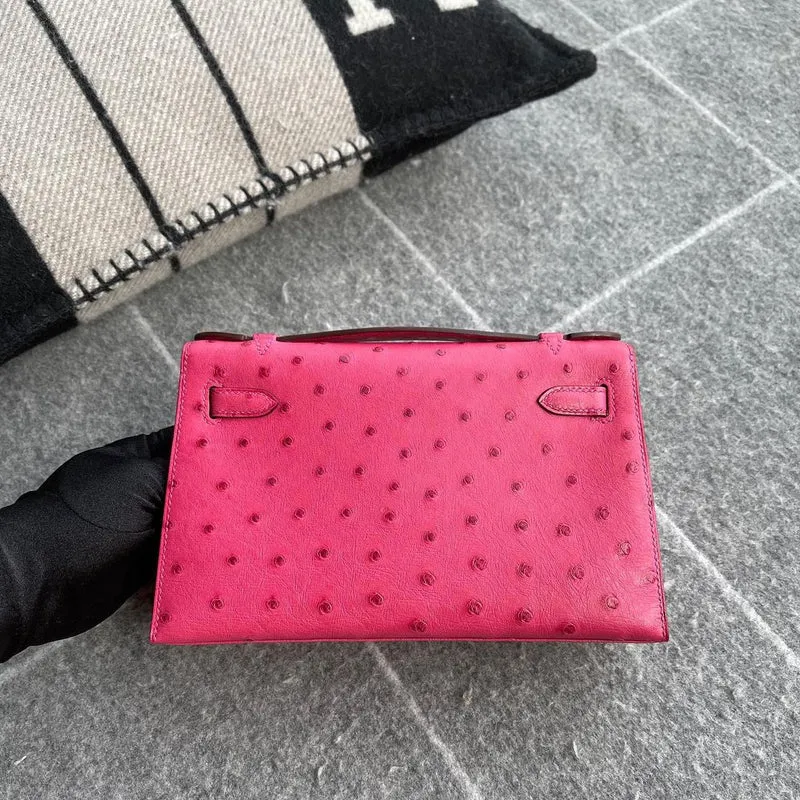 KELLY POCHETTE OSTRICH LEATHER ROSE TYRIEN WITH PALLADIUM HARDWARE (PHW) - 2