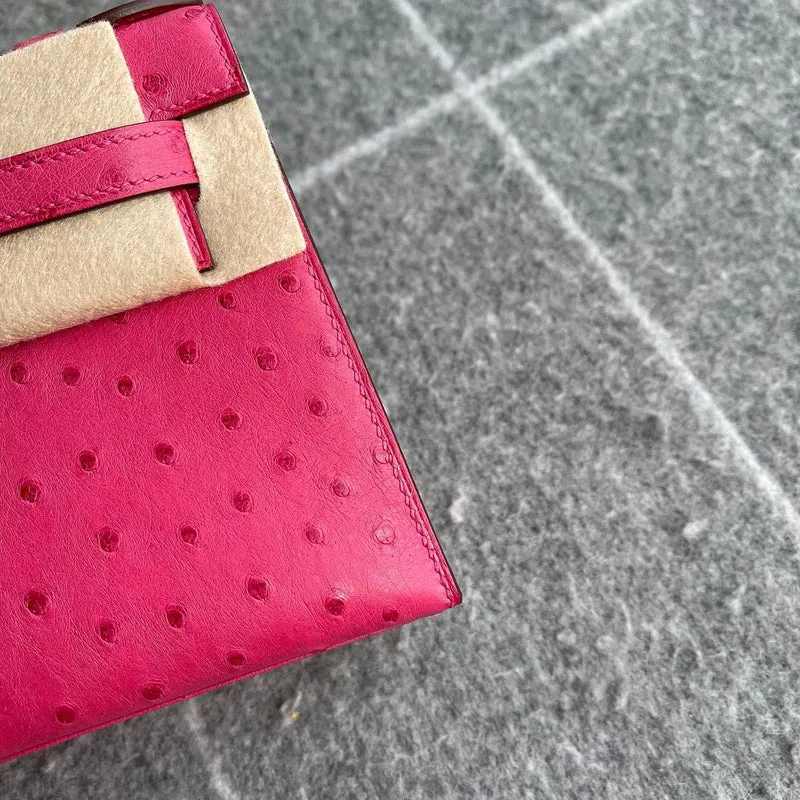 KELLY POCHETTE OSTRICH LEATHER ROSE TYRIEN WITH PALLADIUM HARDWARE (PHW) - 5