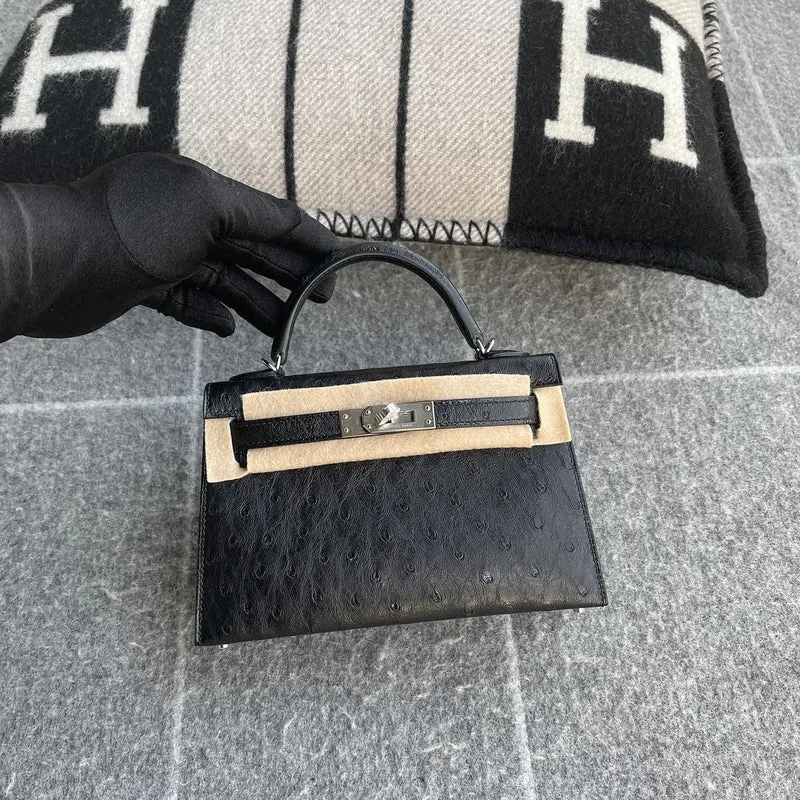 MINI KELLY II (20) OSTRICH LEATHER NOIR (BLACK) WITH PALLADIUM HARDWARE (PHW) - 3