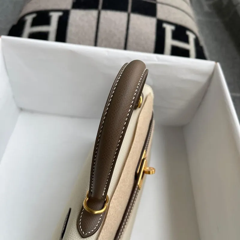 KELLY 25 EPSOM LEATHER HORSESHOE STAMP (HSS) BI-COLOR CRAIE & ETOUPE WITH BRUSHED GOLD HARDWARE (BGHW) - 5
