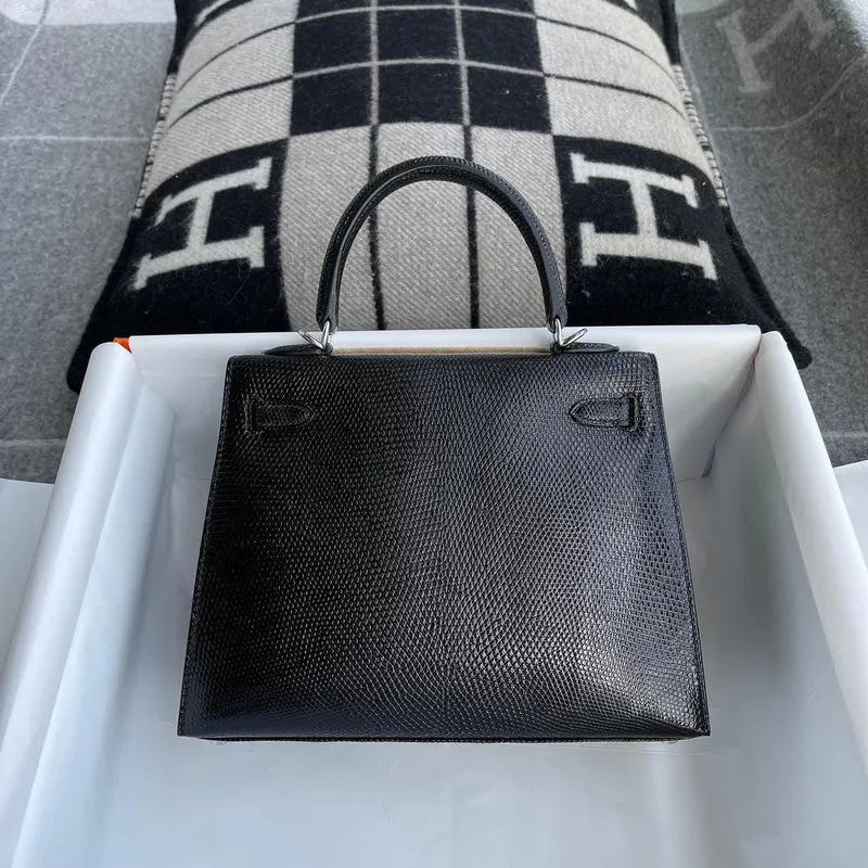 KELLY 25 NOIR (BLACK) LIZARD WITH PALLADIUM HARDWARE (PHW) - 2