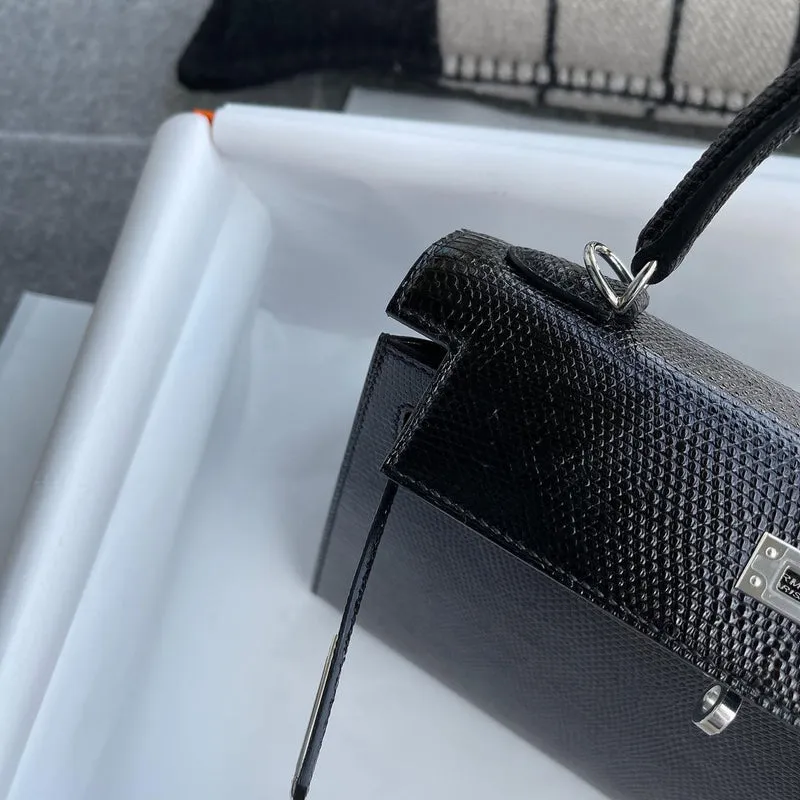 KELLY 25 NOIR (BLACK) LIZARD WITH PALLADIUM HARDWARE (PHW) - 3
