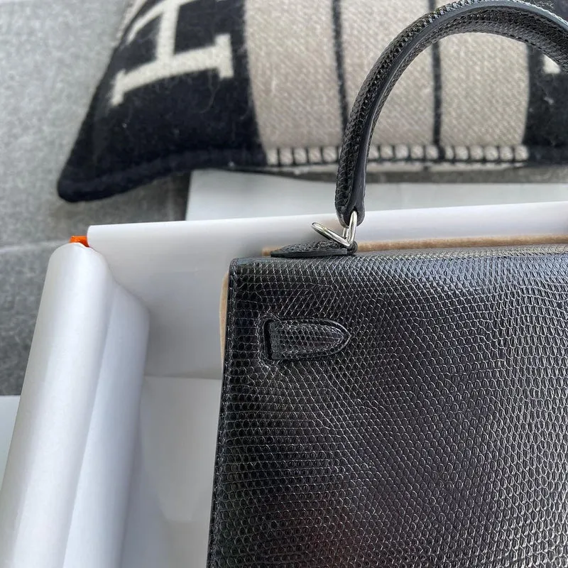KELLY 25 NOIR (BLACK) LIZARD WITH PALLADIUM HARDWARE (PHW) - 4