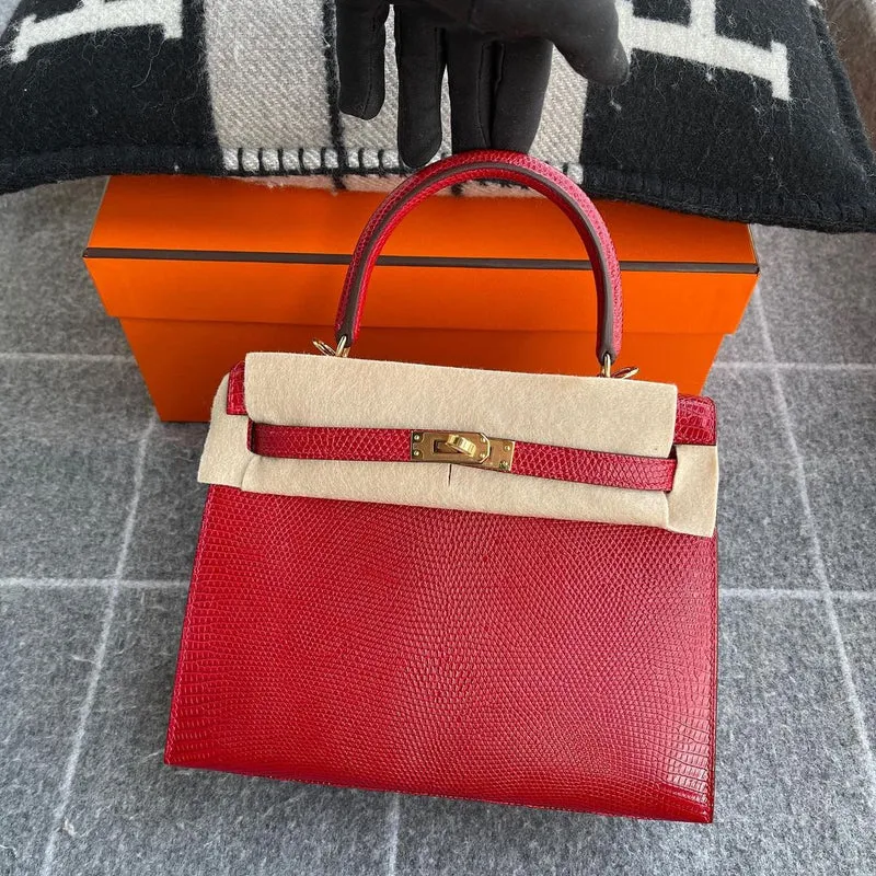 KELLY 25 LIZARD LEATHER ROUGE WITH GOLD HARDWARE (GHW) - 3