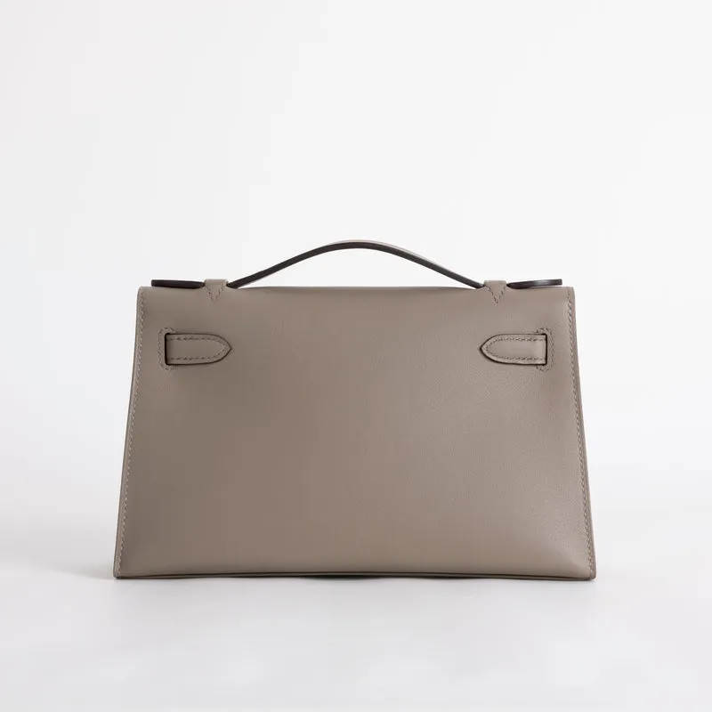 KELLY POCHETTE SWIFT LEATHER GRIS ASPHALTE WITH PALLADIUM HARDWARE (PHW) - 2