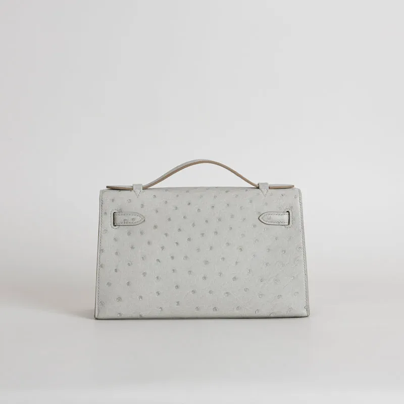 KELLY POCHETTE OSTRICH LEATHER GRIS PERLE WITH PALLADIUM HARDWARE (PHW) - 3