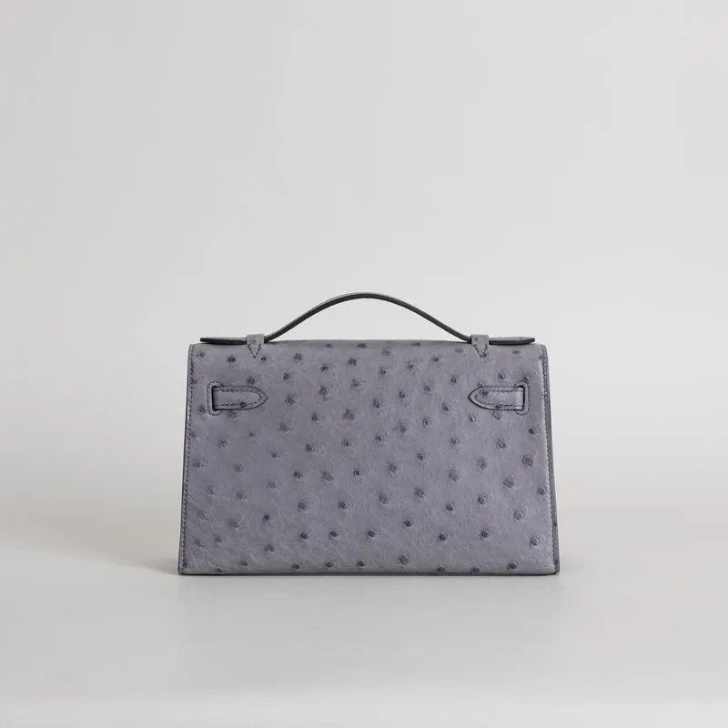 KELLY POCHETTE OSTRICH LEATHER GRIS AGATE WITH PALLADIUM HARDWARE (PHW) - 2