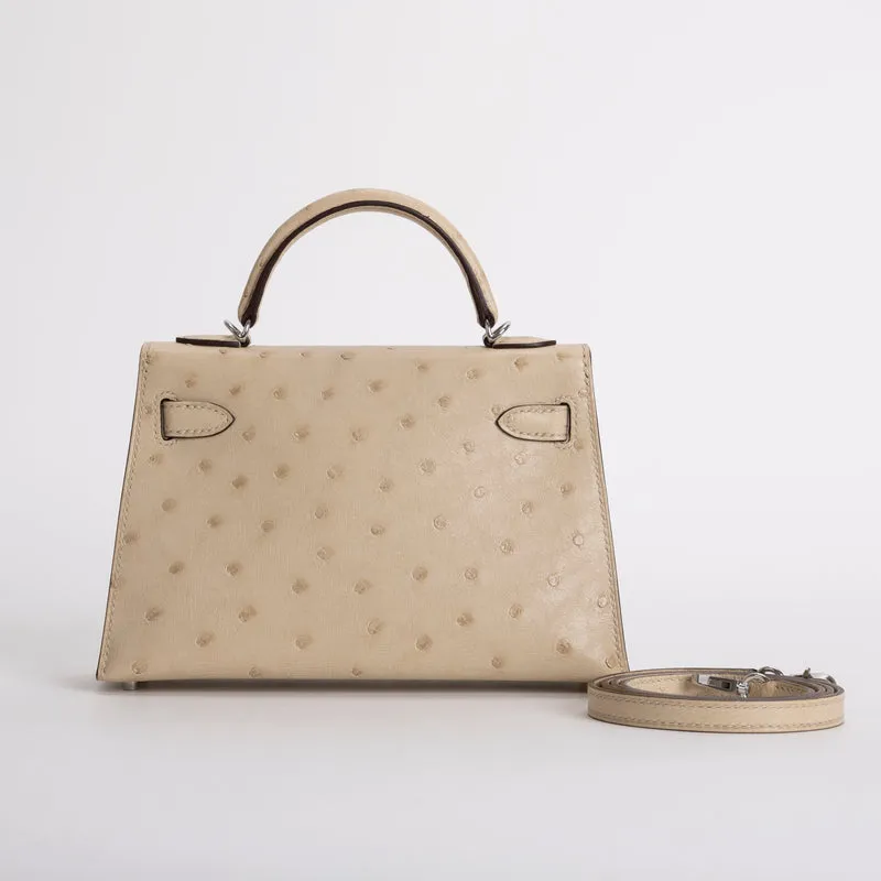 MINI KELLY II (20) OSTRICH LEATHER PARCHEMIN WITH PALLADIUM HARDWARE (PHW) - 3