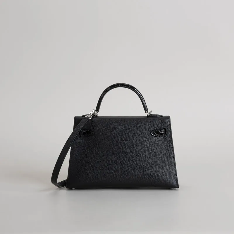 MINI KELLY II (20) TOUCH SHINY MISSISSIPPIENSIS ALLIGATOR LEATHER & EPSOM LEATHER NOIR (BLACK) WITH PALLADIUM HARDWARE (PHW) - 3
