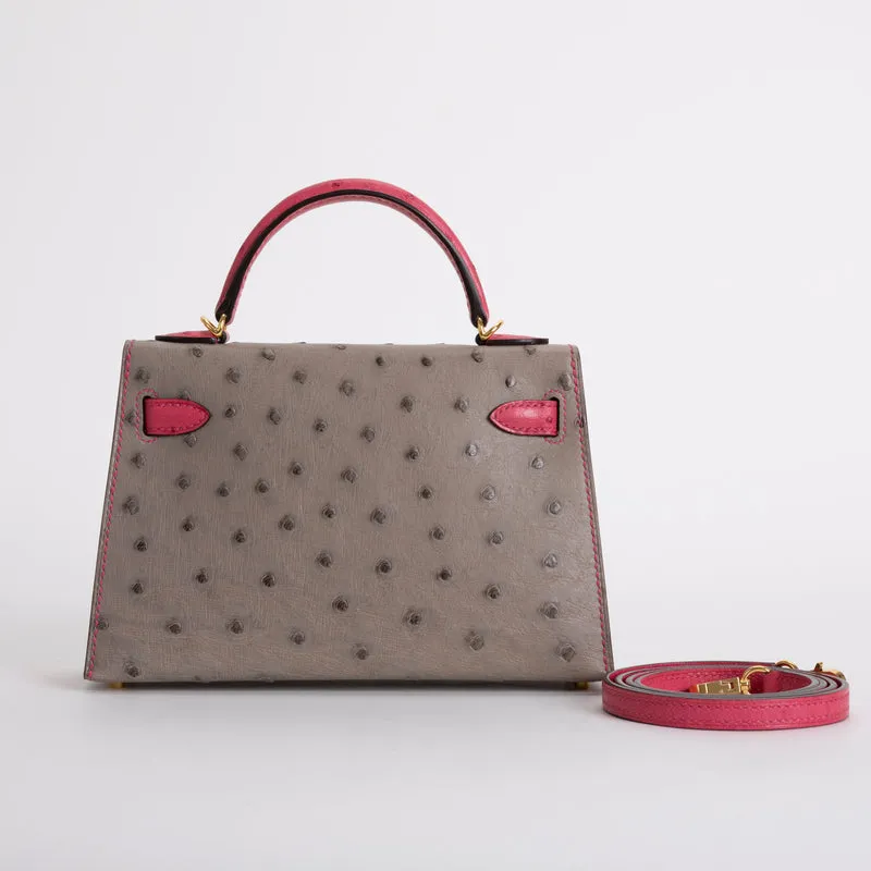 MINI KELLY II (20) OSTRICH LEATHER HORSESHOE STAMP (HSS) BI-COLOR GRIS ASPHALTE & ROSE TYRIEN WITH GOLD HARDWARE (GHW) - 3