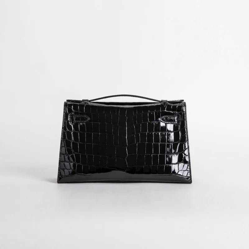 KELLY POCHETTE SHINY (LISSE) NILOTICUS CROCODILE LEATHER NOIR (BLACK) WITH PALLADIUM HARDWARE (PHW) - 2