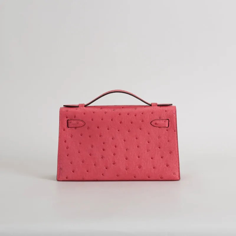 KELLY POCHETTE OSTRICH LEATHER ROSE TYRIEN WITH GOLD HARDWARE (GHW) - 3