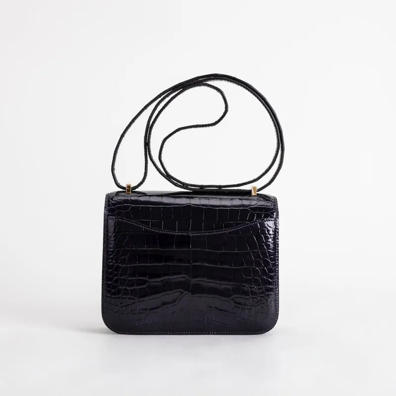 CONSTANCE 18 (MINI) SHINY MISSISSIPPIENSIS ALLIGATOR LEATHER NOIR (BLACK) WITH GOLD HARDWARE (GHW) - 3