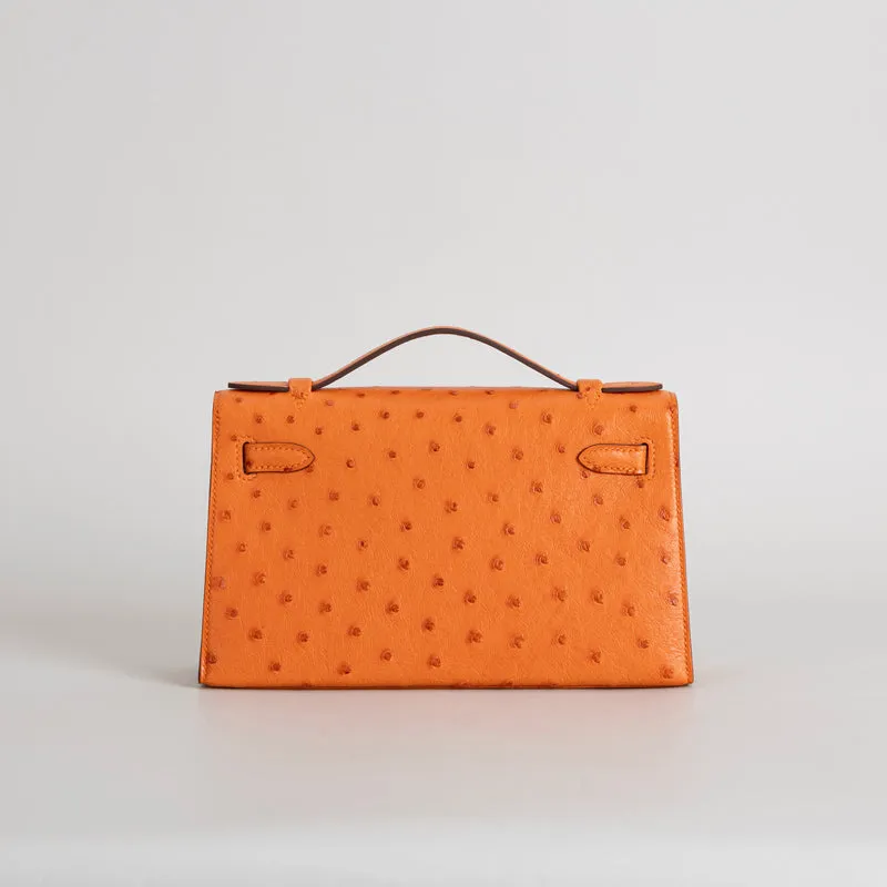 KELLY POCHETTE OSTRICH LEATHER ORANGE WITH GOLD HARDWARE (GHW) - 3