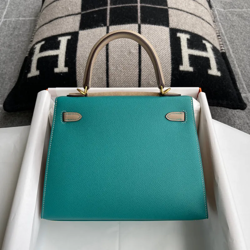 KELLY 25 EPSOM LEATHER HORSESHOE STAMP (HSS) BI-COLOR MALACHITE & TRENCH WITH BRUSHED GOLD HARDWARE (BGHW) - 2