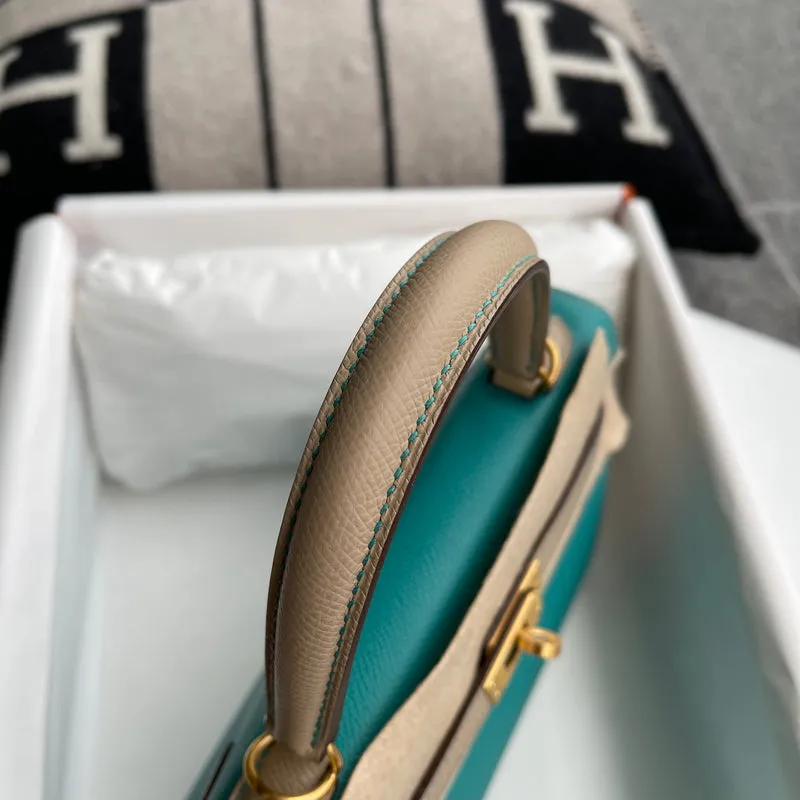 KELLY 25 EPSOM LEATHER HORSESHOE STAMP (HSS) BI-COLOR MALACHITE & TRENCH WITH BRUSHED GOLD HARDWARE (BGHW) - 5