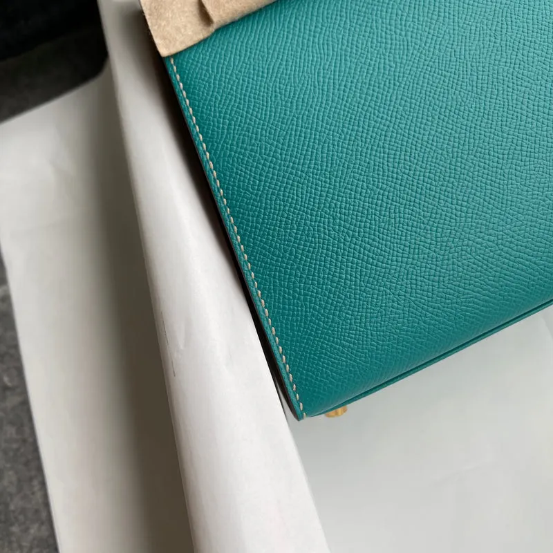 KELLY 25 EPSOM LEATHER HORSESHOE STAMP (HSS) BI-COLOR MALACHITE & TRENCH WITH BRUSHED GOLD HARDWARE (BGHW) - 6