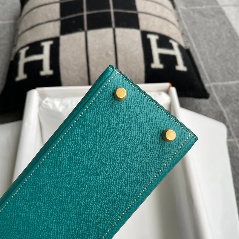 KELLY 25 EPSOM LEATHER HORSESHOE STAMP (HSS) BI-COLOR MALACHITE & TRENCH WITH BRUSHED GOLD HARDWARE (BGHW) - 7
