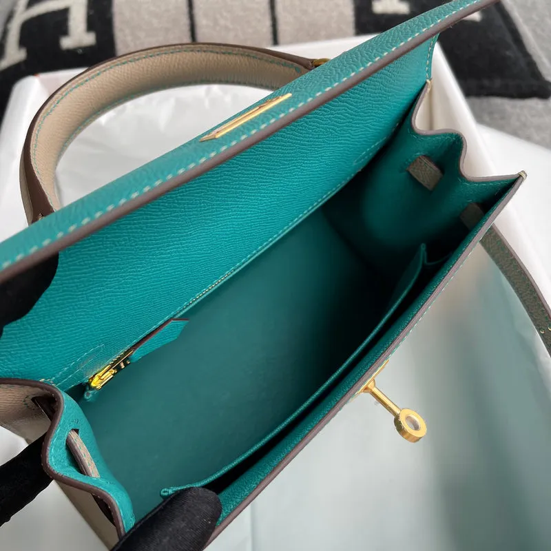 KELLY 25 EPSOM LEATHER HORSESHOE STAMP (HSS) BI-COLOR MALACHITE & TRENCH WITH BRUSHED GOLD HARDWARE (BGHW) - 3