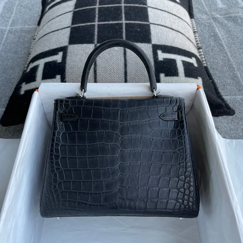 KELLY 25 MATTE MISSISSIPPIENSIS ALLIGATOR LEATHER NOIR (BLACK) WITH PALLADIUM HARDWARE (PHW) - 2
