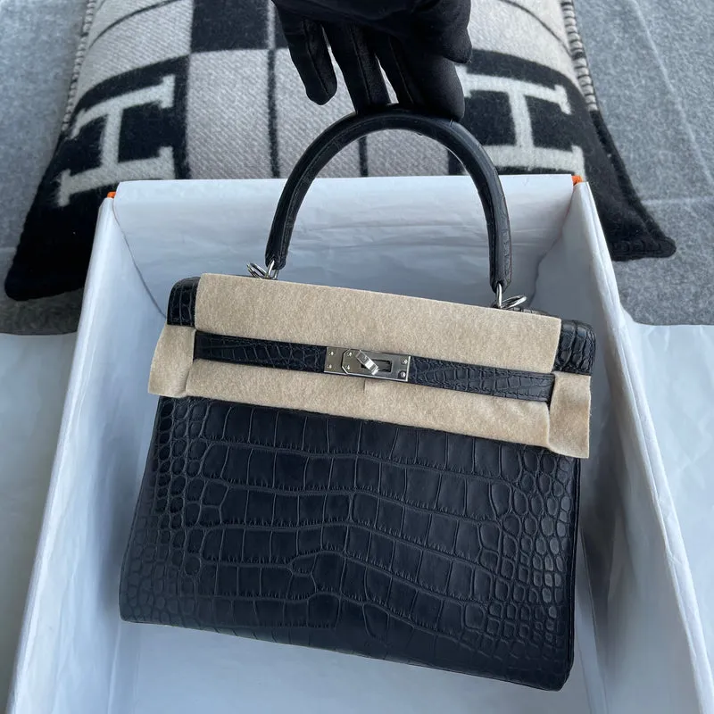 KELLY 25 MATTE MISSISSIPPIENSIS ALLIGATOR LEATHER NOIR (BLACK) WITH PALLADIUM HARDWARE (PHW) - 3