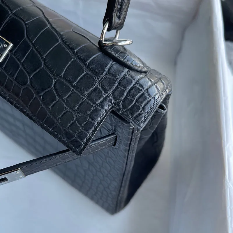KELLY 25 MATTE MISSISSIPPIENSIS ALLIGATOR LEATHER NOIR (BLACK) WITH PALLADIUM HARDWARE (PHW) - 6