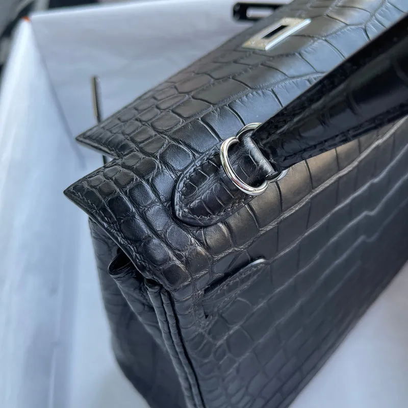 KELLY 25 MATTE MISSISSIPPIENSIS ALLIGATOR LEATHER NOIR (BLACK) WITH PALLADIUM HARDWARE (PHW) - 5