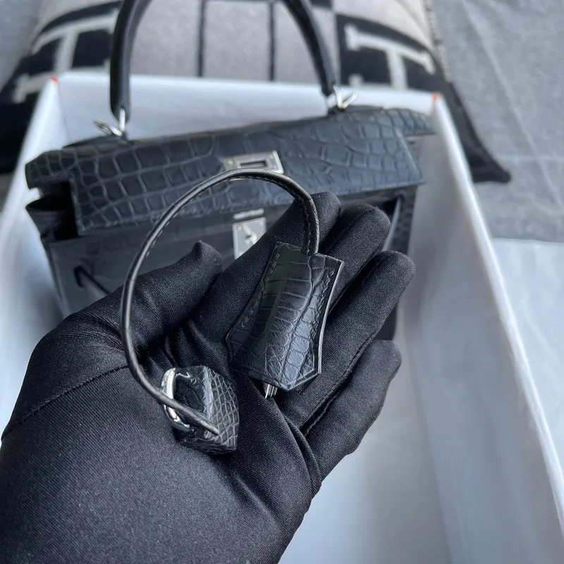 KELLY 25 MATTE MISSISSIPPIENSIS ALLIGATOR LEATHER NOIR (BLACK) WITH PALLADIUM HARDWARE (PHW) - 11