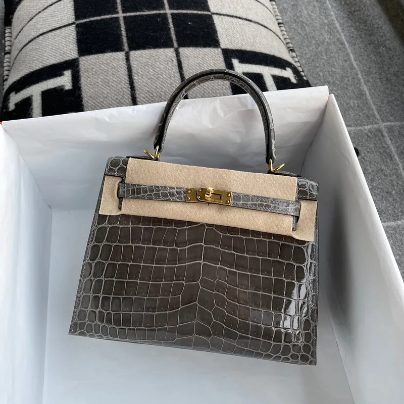 KELLY 25 SHINY (LISSE) NILOTICUS CROCODILE LEATHER GRIS TOURTERELLE WITH GOLD HARDWARE (GHW) - 2