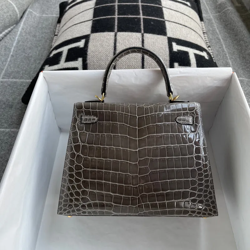 KELLY 25 SHINY (LISSE) NILOTICUS CROCODILE LEATHER GRIS TOURTERELLE WITH GOLD HARDWARE (GHW) - 3