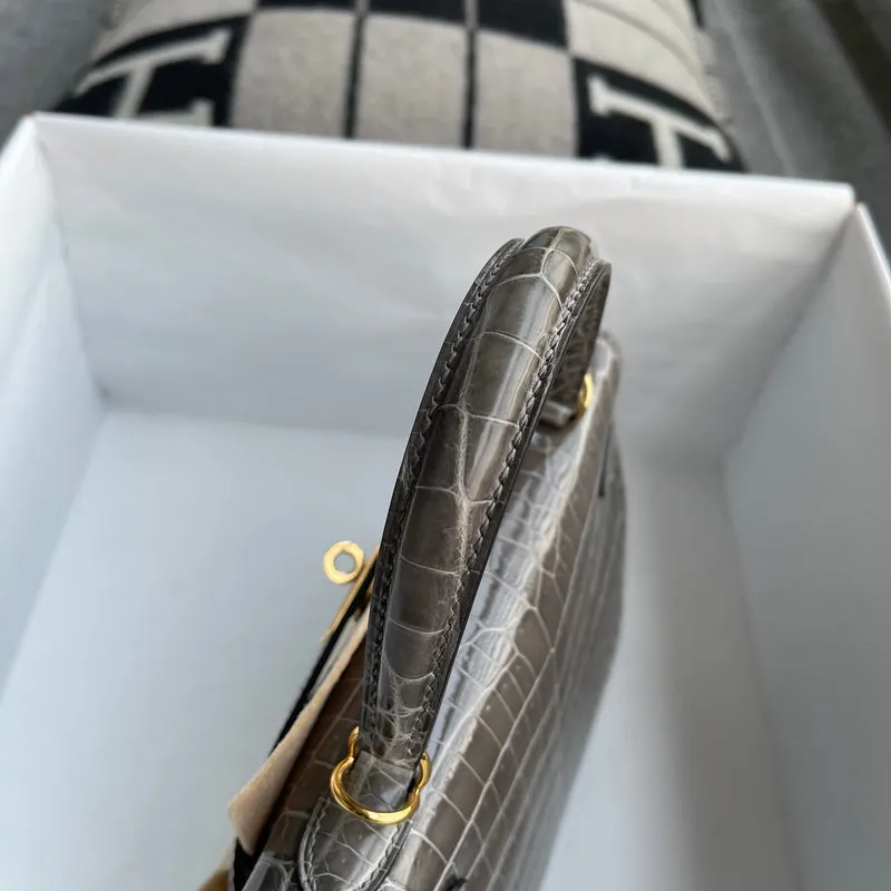 KELLY 25 SHINY (LISSE) NILOTICUS CROCODILE LEATHER GRIS TOURTERELLE WITH GOLD HARDWARE (GHW) - 8