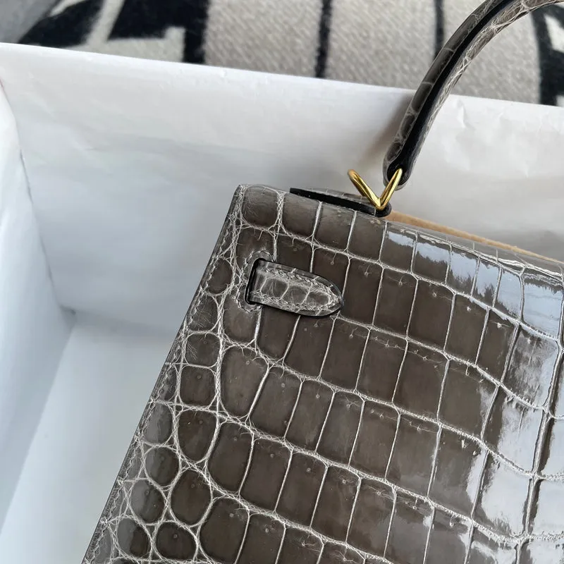 KELLY 25 SHINY (LISSE) NILOTICUS CROCODILE LEATHER GRIS TOURTERELLE WITH GOLD HARDWARE (GHW) - 6