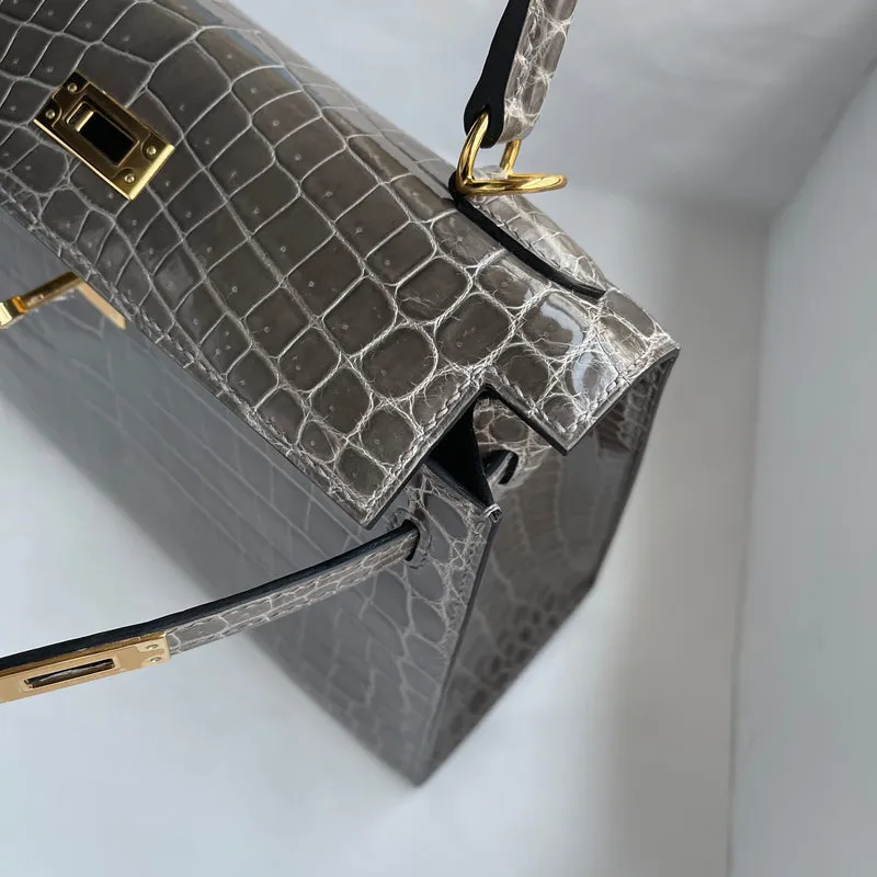 KELLY 25 SHINY (LISSE) NILOTICUS CROCODILE LEATHER GRIS TOURTERELLE WITH GOLD HARDWARE (GHW) - 5