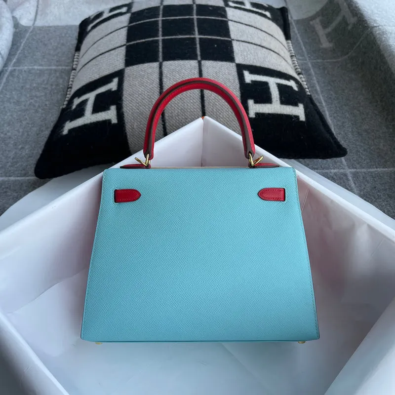 KELLY 25 EPSOM LEATHER HORSESHOE STAMP (HSS) ROSE AZALEE & ROUGE CASAQUE & BLUE ATOLL WITH GOLD HARDWARE (GHW) - 2
