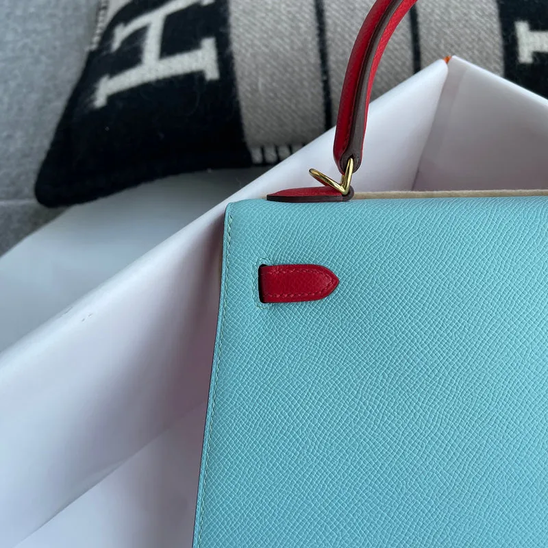 KELLY 25 EPSOM LEATHER HORSESHOE STAMP (HSS) ROSE AZALEE & ROUGE CASAQUE & BLUE ATOLL WITH GOLD HARDWARE (GHW) - 7