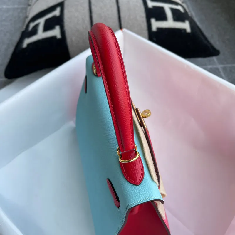 KELLY 25 EPSOM LEATHER HORSESHOE STAMP (HSS) ROSE AZALEE & ROUGE CASAQUE & BLUE ATOLL WITH GOLD HARDWARE (GHW) - 8