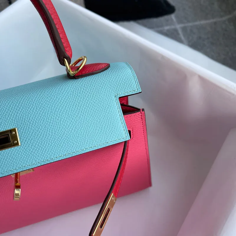 KELLY 25 EPSOM LEATHER HORSESHOE STAMP (HSS) ROSE AZALEE & ROUGE CASAQUE & BLUE ATOLL WITH GOLD HARDWARE (GHW) - 9