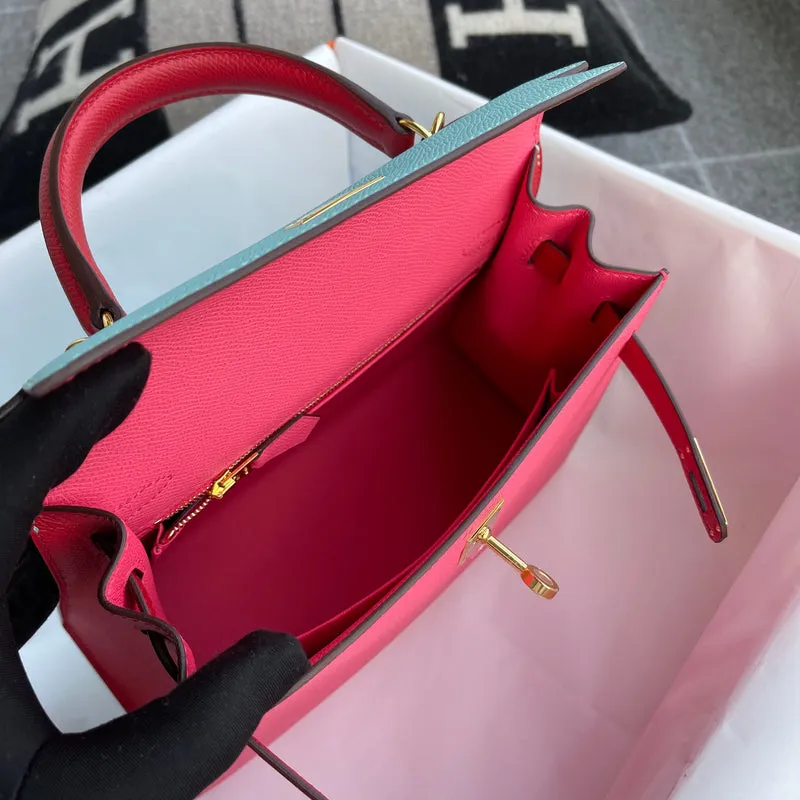 KELLY 25 EPSOM LEATHER HORSESHOE STAMP (HSS) ROSE AZALEE & ROUGE CASAQUE & BLUE ATOLL WITH GOLD HARDWARE (GHW) - 4