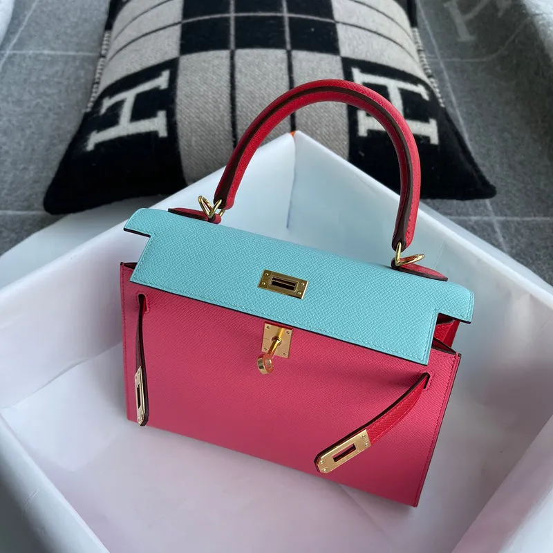 KELLY 25 EPSOM LEATHER HORSESHOE STAMP (HSS) ROSE AZALEE & ROUGE CASAQUE & BLUE ATOLL WITH GOLD HARDWARE (GHW) - 10