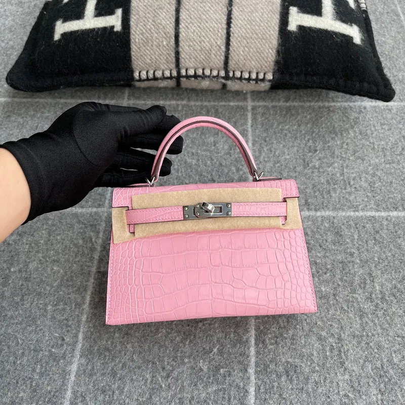 MINI KELLY II (20) MATTE MISSISSIPPIENSIS ALLIGATOR LEATHER BUBBLEGUM WITH PALLADIUM HARDWARE (PHW) - 3