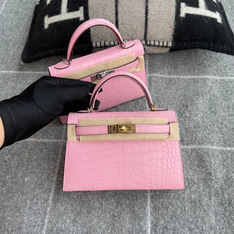 MINI KELLY II (20) MATTE MISSISSIPPIENSIS ALLIGATOR LEATHER BUBBLEGUM WITH GOLD HARDWARE (GHW) - 3